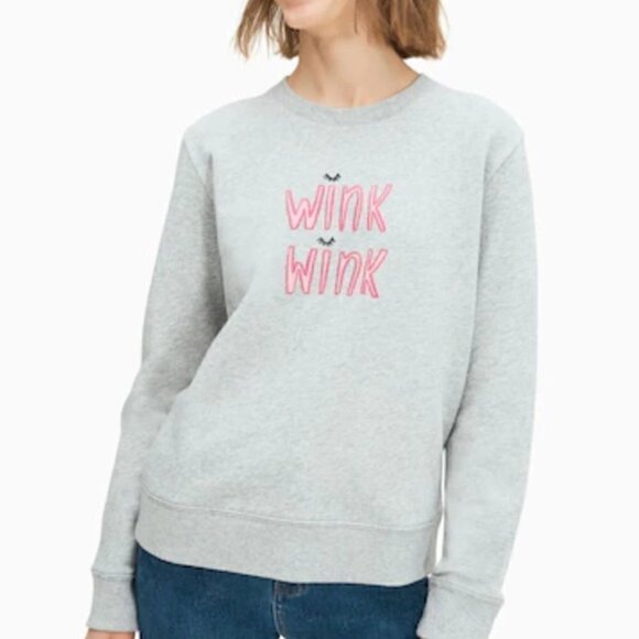 Kate Spade Wink Wink Pink Embroidery Grey Pullover Long Sleeve Crew Sweatshirt S - Picture 1 of 7